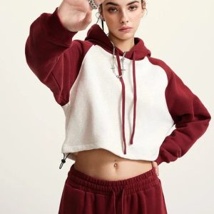 Women's Y2K Brick Color Block Cropped Hoodie - Trendy Aesthetic Top for Stylish Outfits