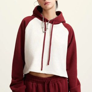 Women's Y2K Brick Color Block Cropped Hoodie - Trendy Aesthetic Top for Stylish Outfits