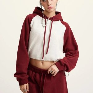 Women's Y2K Brick Color Block Cropped Hoodie - Trendy Aesthetic Top for Stylish Outfits