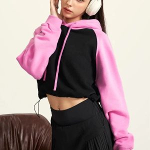 Women's Y2K Brick Color Block Cropped Hoodie - Trendy Aesthetic Top for Stylish Outfits