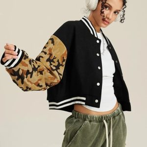 Women's Y2K Camouflage Varsity Jacket - Trendy Grunge Style for Aesthetic Outfits