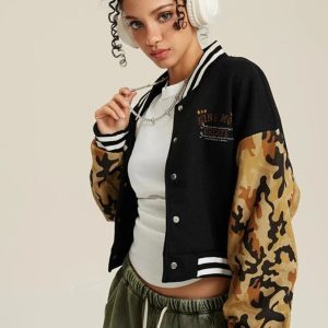 Women's Y2K Camouflage Varsity Jacket - Trendy Grunge Style for Aesthetic Outfits