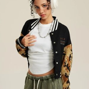 Women's Y2K Camouflage Varsity Jacket - Trendy Grunge Style for Aesthetic Outfits