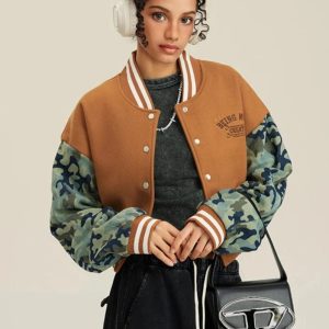 Women's Y2K Camouflage Varsity Jacket - Trendy Grunge Style for Aesthetic Outfits