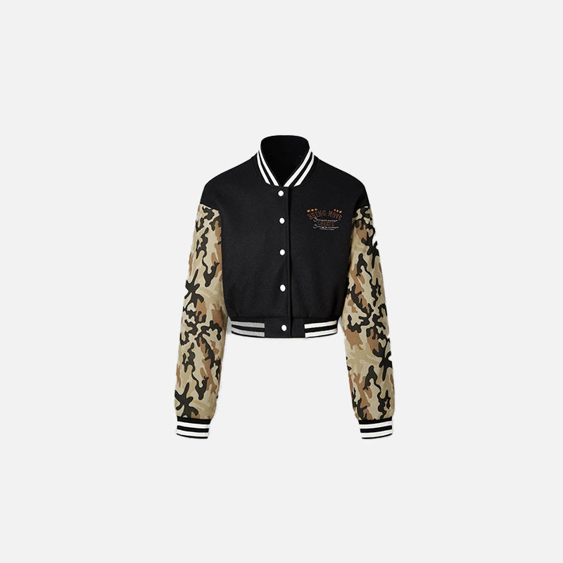 Women's Y2K Camouflage Varsity Jacket - Trendy Grunge Style for Aesthetic Outfits