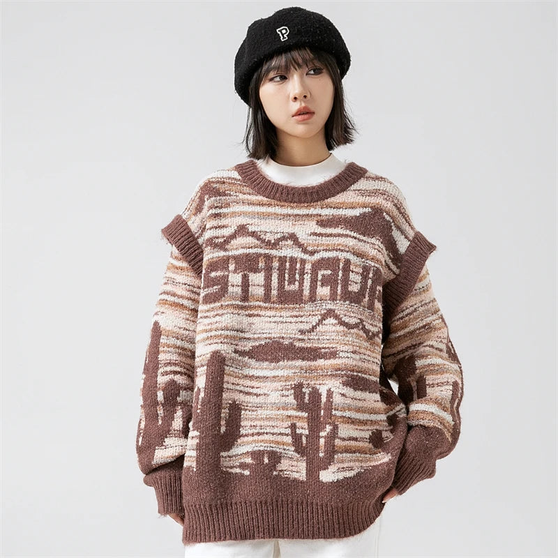 Women's Y2K Desert Waves Cactus Knit Sweater - Cozy Aesthetic Top for Fall Fashion