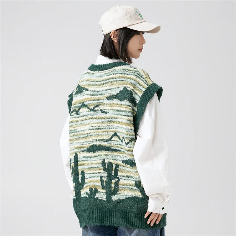 Women's Y2K Desert Waves Cactus Knit Sweater - Cozy Aesthetic Top for Fall Fashion