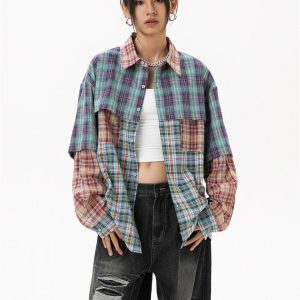 Women's Y2K Patchwork Plaid Shirt - Vintage Aesthetic Top for Grunge and Coquette Styles