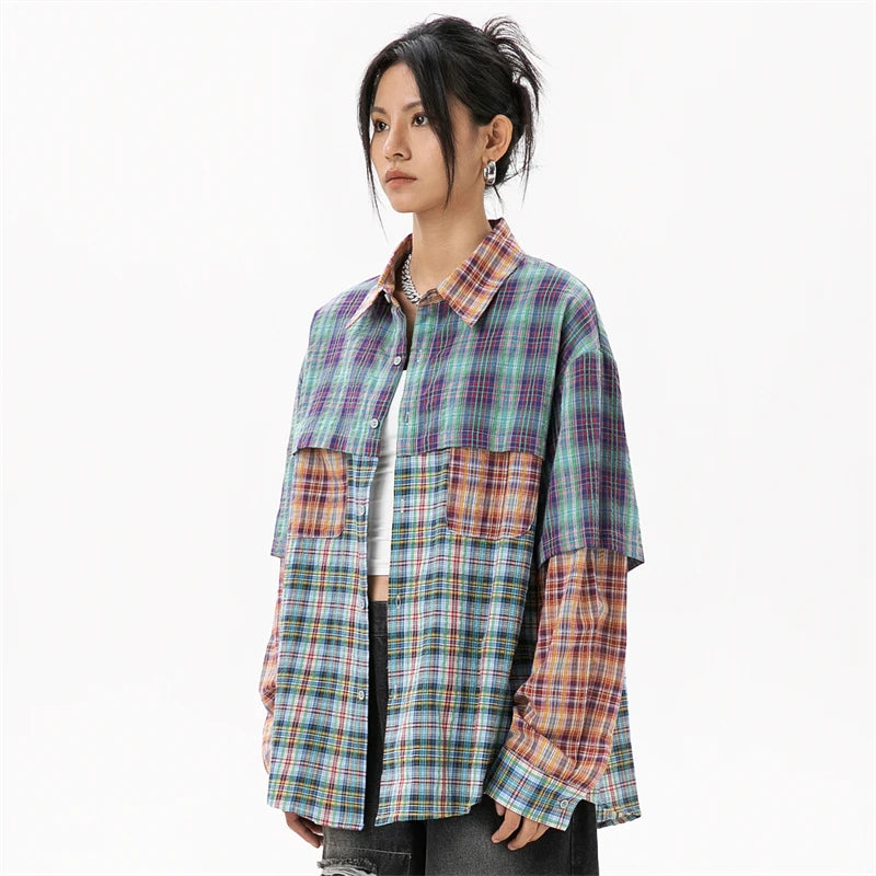 Women's Y2K Patchwork Plaid Shirt - Vintage Aesthetic Top for Grunge and Coquette Styles