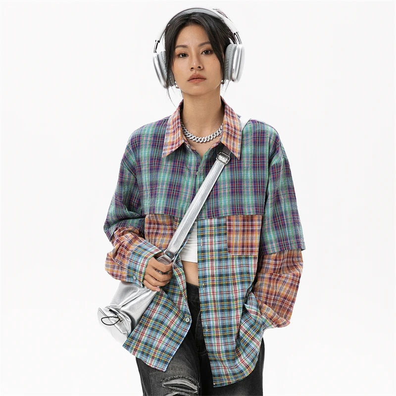 Women's Y2K Patchwork Plaid Shirt - Vintage Aesthetic Top for Grunge and Coquette Styles