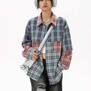 Women's Y2K Patchwork Plaid Shirt - Vintage Aesthetic Top for Grunge and Coquette Styles