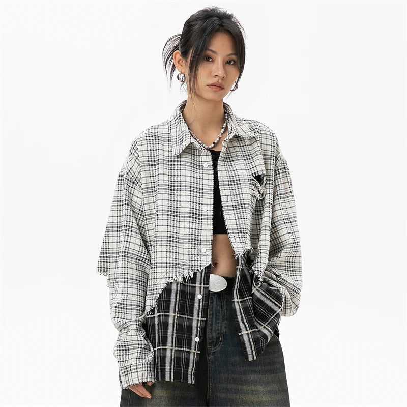 Women's Y2K Plaid Patchwork Shirt - Trendy Coquette Aesthetic Top for Stylish Outfits