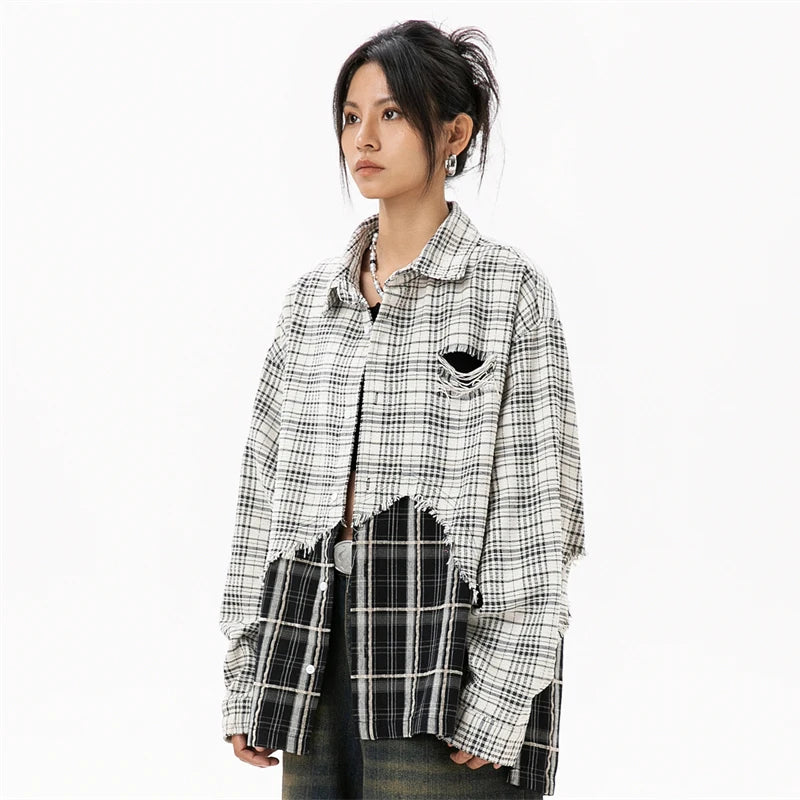 Women's Y2K Plaid Patchwork Shirt - Trendy Coquette Aesthetic Top for Stylish Outfits