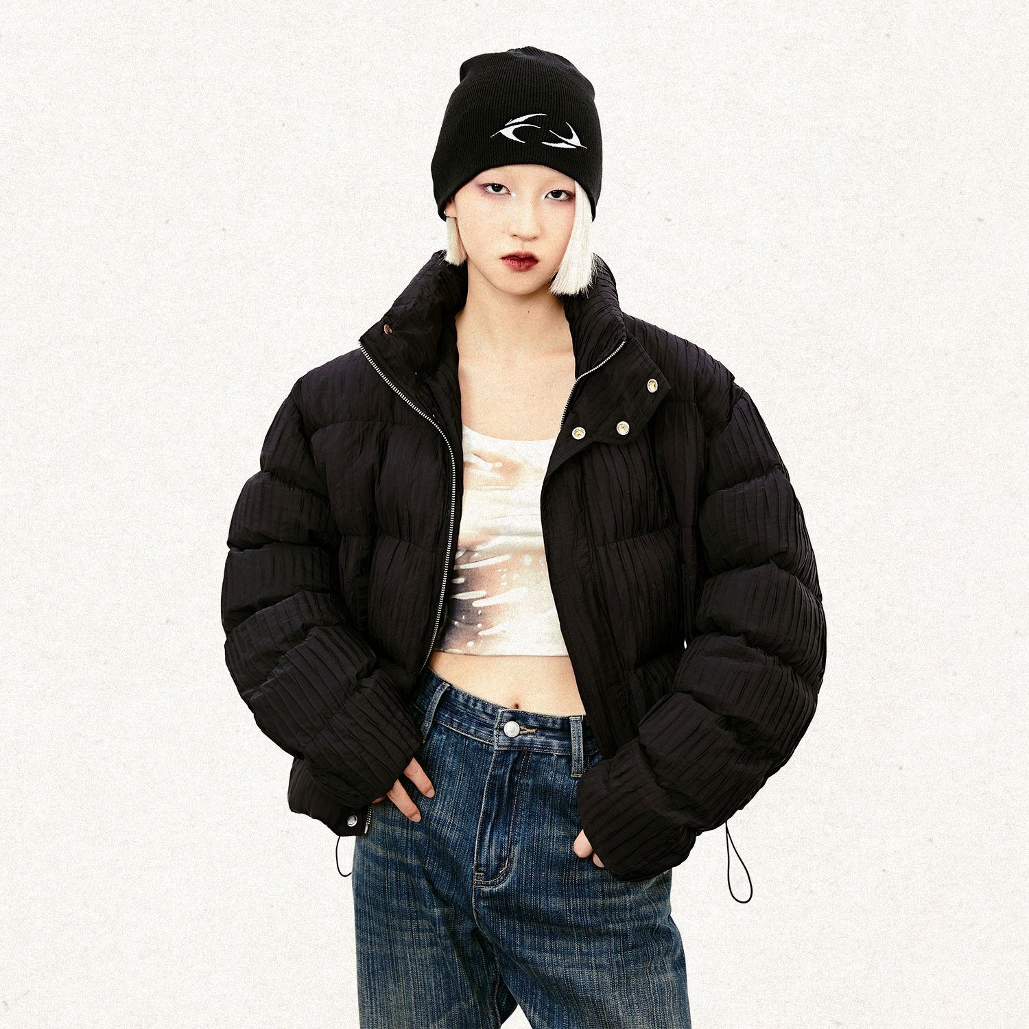 Women's Y2K Pleated Puffer Jacket - Trendy Short Outerwear for Coquette and Grunge Aesthetics