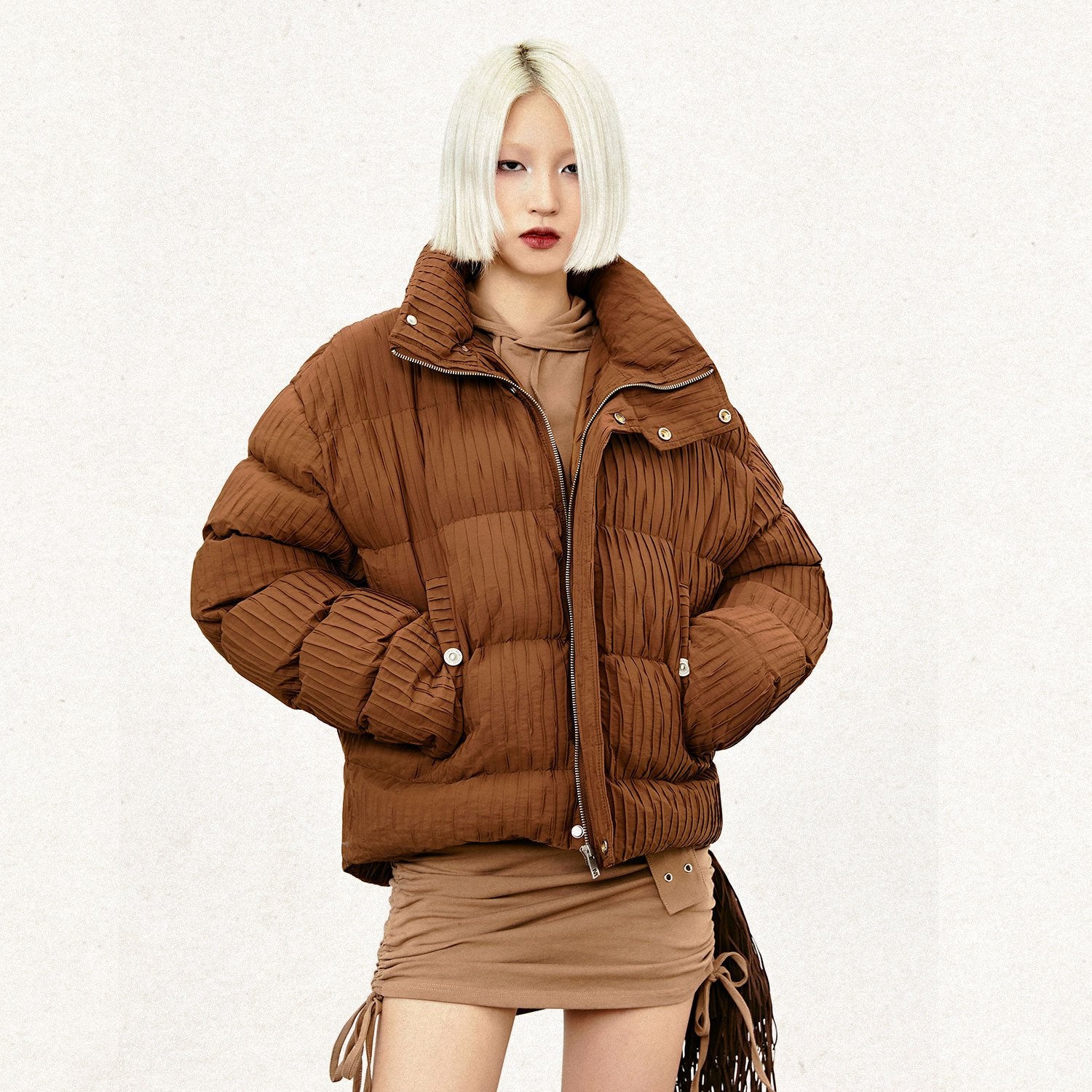 Women's Y2K Pleated Puffer Jacket - Trendy Short Outerwear for Coquette and Grunge Aesthetics