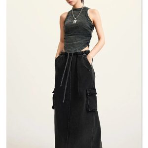 Women's Y2K Retro Loose Cargo Skirt with Slit Pockets for Aesthetic Outfits