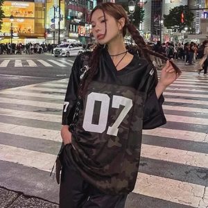 Women's Y2K Urban Camo Sports T-Shirt - Trendy Grunge Aesthetic Activewear Top