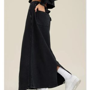 Women's Y2K Washed Loose Slit Cargo Skirt - Trendy Grunge Aesthetic Fashion Piece