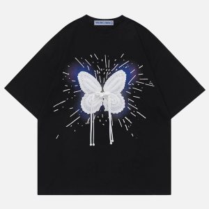 Woven Ribbon Butterfly Tee - Y2K Aesthetic Cute Top for Coquette and Grunge Styles