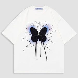 Woven Ribbon Butterfly Tee - Y2K Aesthetic Cute Top for Coquette and Grunge Styles