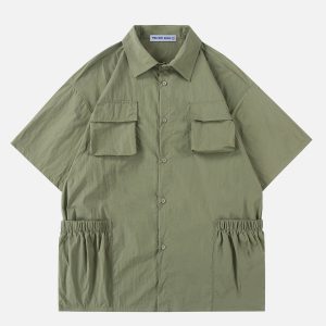 Wrinkle-Resistant Pocket Short Sleeve Shirt for Effortless Y2K Aesthetic Outfits