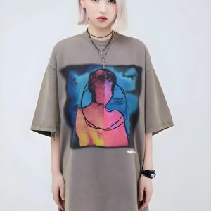 Y2K Aesthetic Abstract Tee - Trendy Grunge Style Top for Unique Outfits