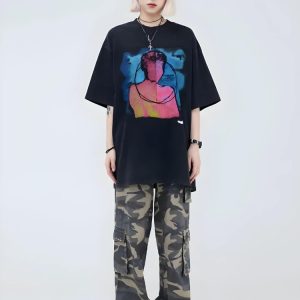 Y2K Aesthetic Abstract Tee - Trendy Grunge Style Top for Unique Outfits