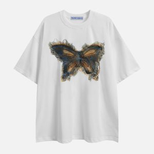 Y2K Aesthetic Applique Embroidery Butterfly Tee - Cute Top for Coquette Style