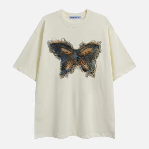 Y2K Aesthetic Applique Embroidery Butterfly Tee - Cute Top for Coquette Style