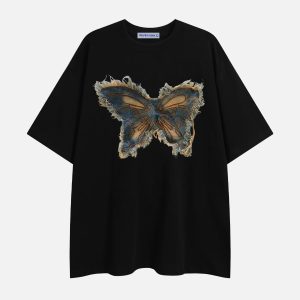 Y2K Aesthetic Applique Embroidery Butterfly Tee - Cute Top for Coquette Style