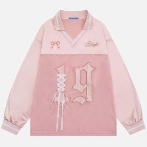 Y2K Aesthetic Badge Embroidery Number Sweatshirt - Trendy Grunge Style Top