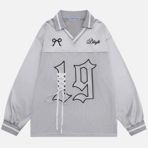 Y2K Aesthetic Badge Embroidery Number Sweatshirt - Trendy Grunge Style Top