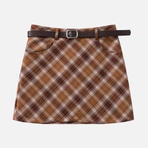 Y2K Aesthetic Belted Plaid Skirt - Trendy Coquette Style for Chic Outfits