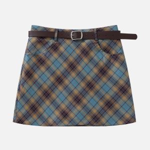 Y2K Aesthetic Belted Plaid Skirt - Trendy Coquette Style for Chic Outfits