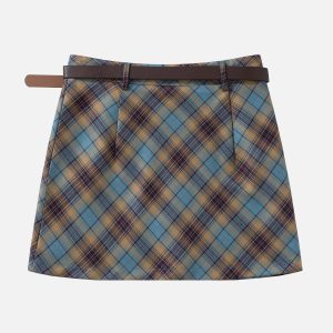 Y2K Aesthetic Belted Plaid Skirt - Trendy Coquette Style for Chic Outfits