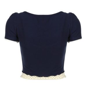 Y2K Aesthetic Blue Polka Dot Trim Crop Top - Cute and Comfy for Trendy Outfits