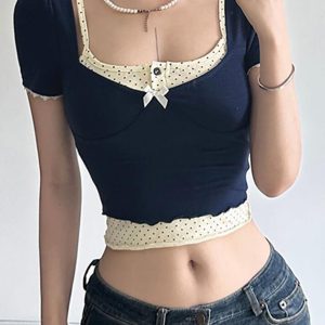 Y2K Aesthetic Blue Polka Dot Trim Crop Top - Cute and Comfy for Trendy Outfits