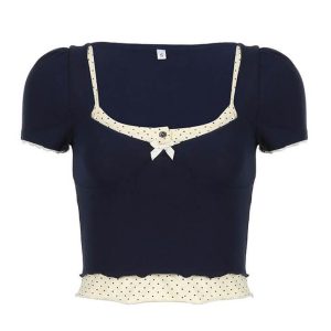 Y2K Aesthetic Blue Polka Dot Trim Crop Top - Cute and Comfy for Trendy Outfits