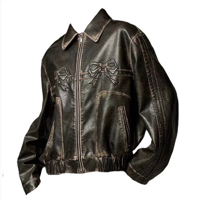 Y2K Aesthetic Bow Motorcycle Jacket - Trendy Grunge Style Outerwear for Fashion Lovers