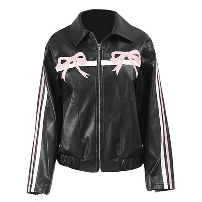 Y2K Aesthetic Bow Motorcycle Jacket - Trendy Grunge Style Outerwear for Fashion Lovers