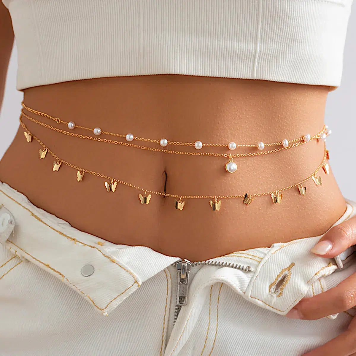 Y2K Aesthetic Butterfly Layered Beaded Belly Chain for Cute Coquette Outfits