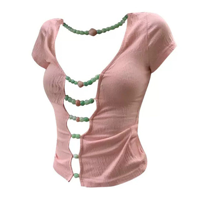 Y2K Aesthetic Candy Beads Split Top - Cute and Trendy Coquette Style for Effortless Fashion