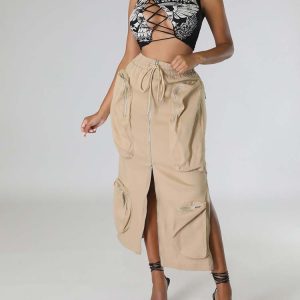 Y2K Aesthetic Cargo Pocket Zipper Skirt - Trendy Grunge Style for Effortless Outfits