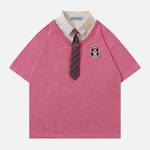 Y2K Aesthetic College Stripe Tie Polo Tee - Trendy Preppy Style for Effortless Chic