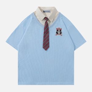 Y2K Aesthetic College Stripe Tie Polo Tee - Trendy Preppy Style for Effortless Chic