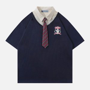 Y2K Aesthetic College Stripe Tie Polo Tee - Trendy Preppy Style for Effortless Chic