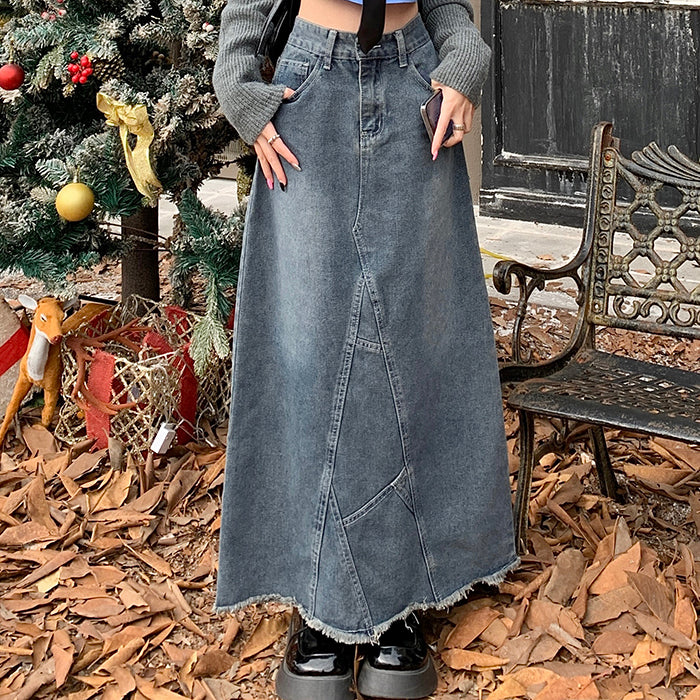 Y2K Aesthetic Denim Long Skirt - Vintage-Inspired Cargo Skirt for Trendy Outfits