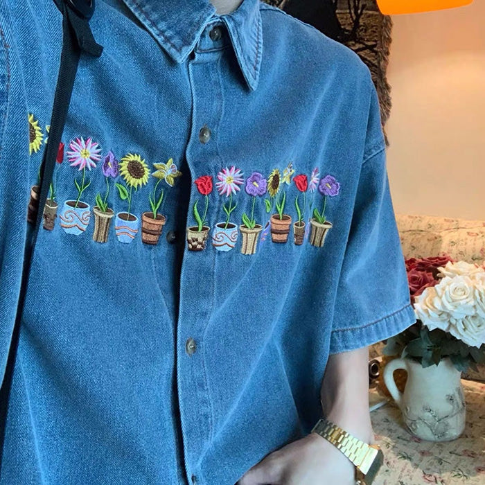 Y2K Aesthetic Embroidered Denim Shirt with Plants & Pots Design for Trendy Outfits