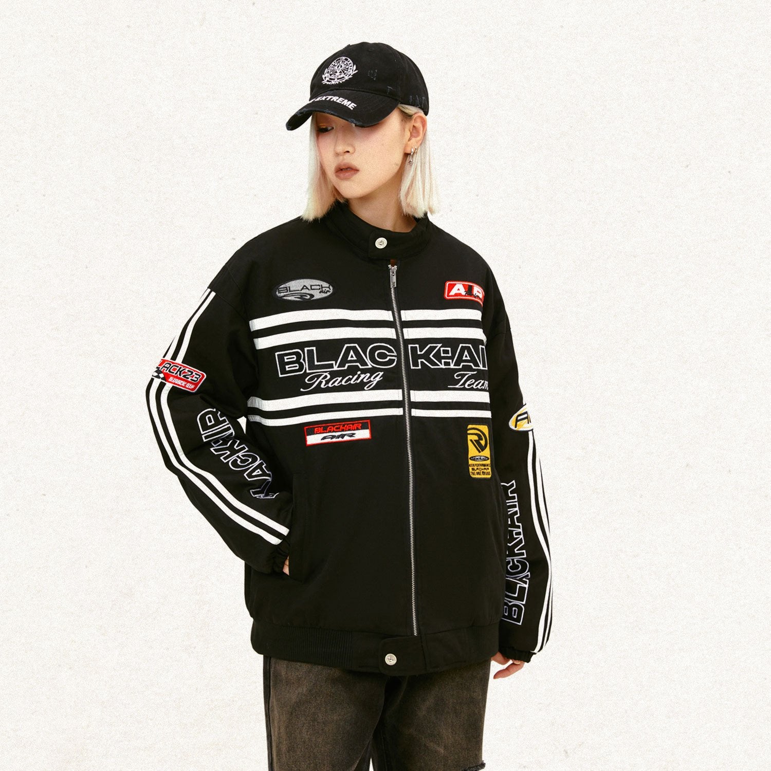 Y2K Aesthetic Embroidered Racing Jacket - Vintage Grunge Style Outerwear for Trendy Looks