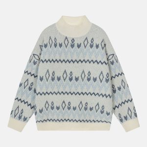 Y2K Aesthetic Ethnic Style Graphic Turtleneck Sweater for Trendy Outfits